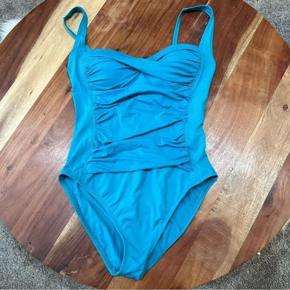 LA BLANCA Size 6‎ Island Goddess Twist Shirred One Piece - Turquoise